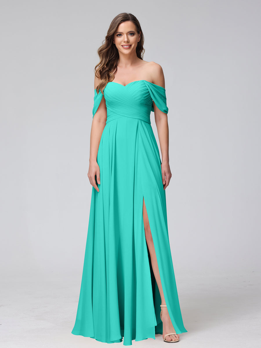 Vestidos de Dama de Honra de Chiffon Longo Sem Mangas com Ombros de Fora e Franzidos com Divisão Lateral