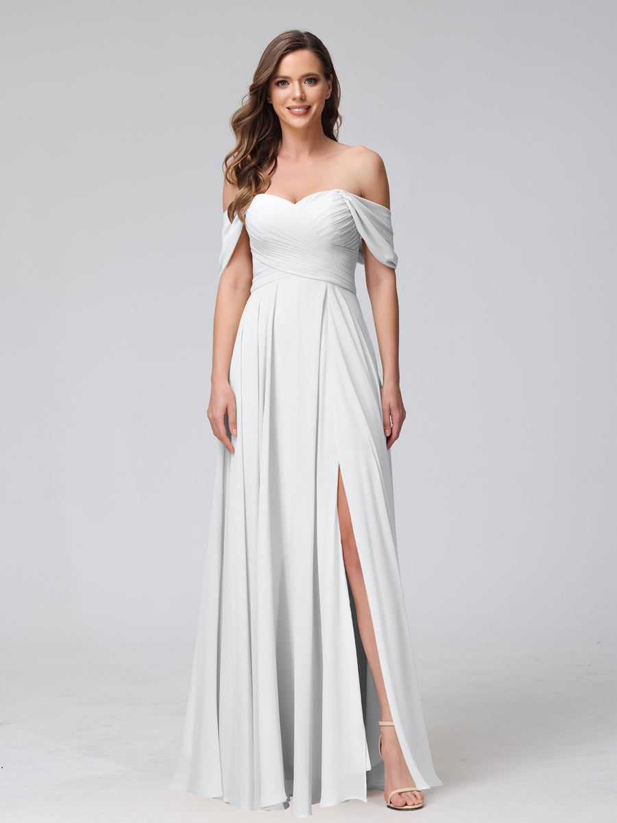 Vestidos de Dama de Honra de Chiffon Longo Sem Mangas com Ombros de Fora e Franzidos com Divisão Lateral