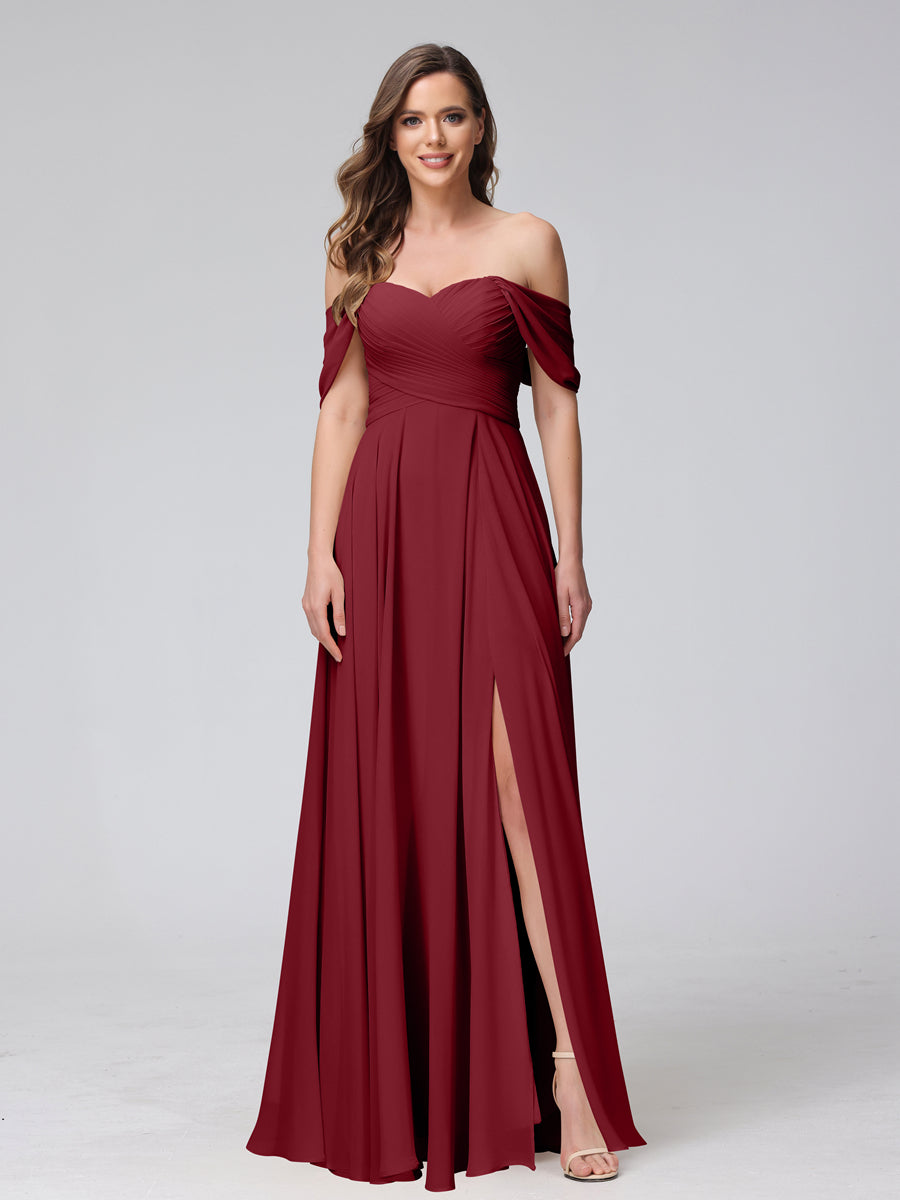 Vestidos de Dama de Honra de Chiffon Longo Sem Mangas com Ombros de Fora e Franzidos com Divisão Lateral