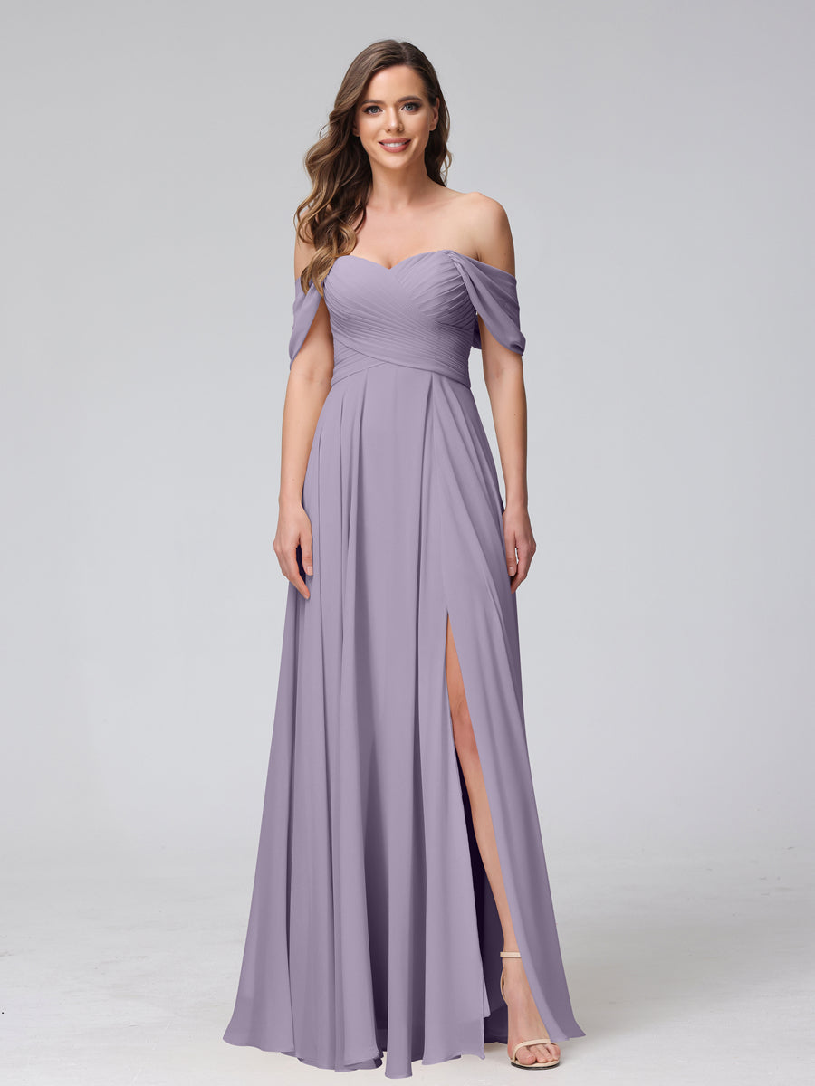 Vestidos de Dama de Honra de Chiffon Longo Sem Mangas com Ombros de Fora e Franzidos com Divisão Lateral