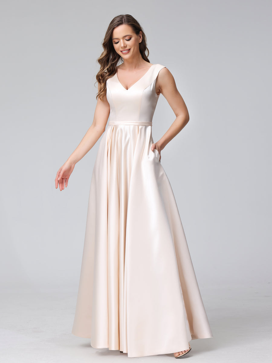 Vestidos de Dama de Honra de Cetim com Decote Em V Sem Mangas Até O Chão com Bolsos