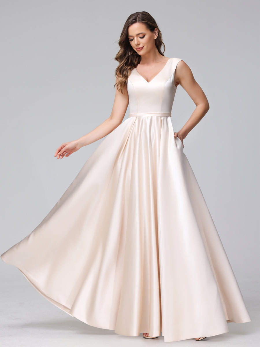 Vestidos de Dama de Honra de Cetim com Decote Em V Sem Mangas Até O Chão com Bolsos