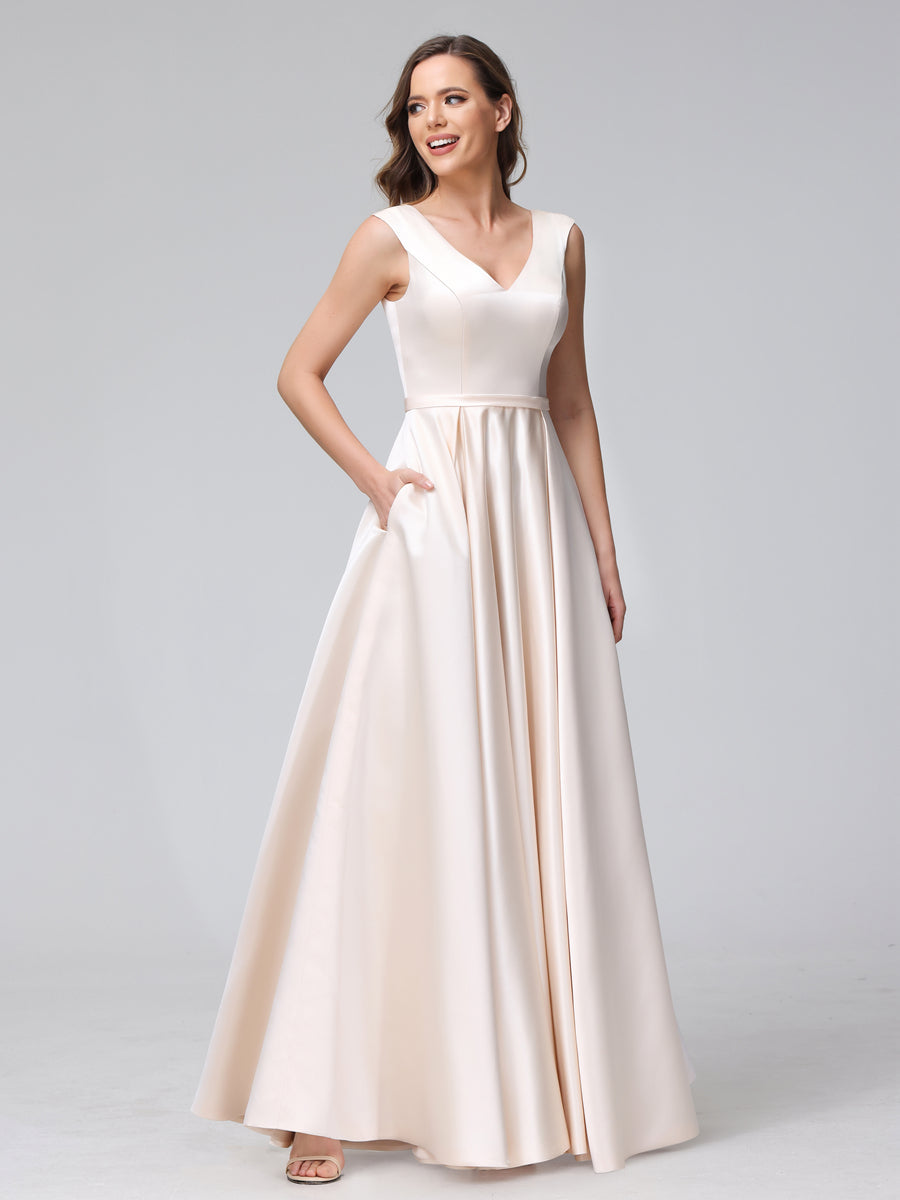 Vestidos de Dama de Honra de Cetim com Decote Em V Sem Mangas Até O Chão com Bolsos