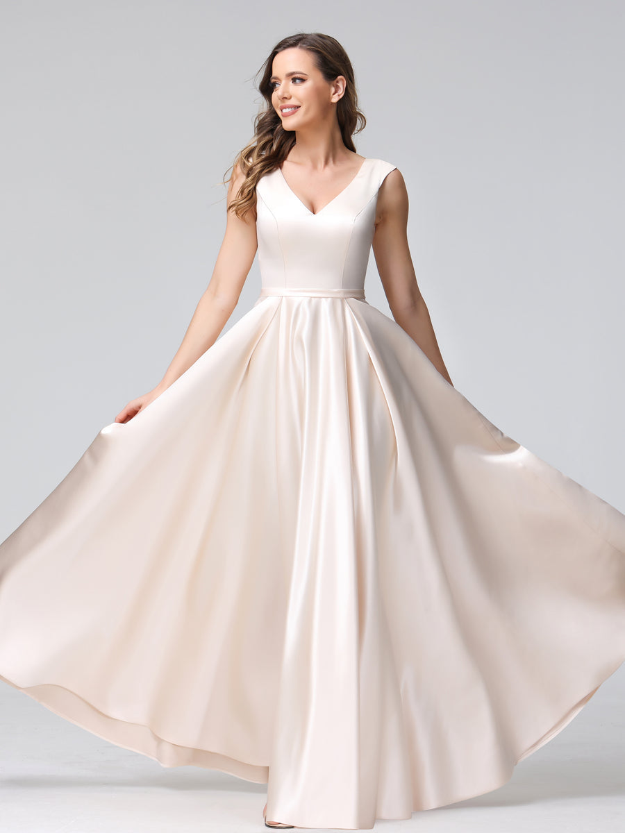 Vestidos de Dama de Honra de Cetim com Decote Em V Sem Mangas Até O Chão com Bolsos