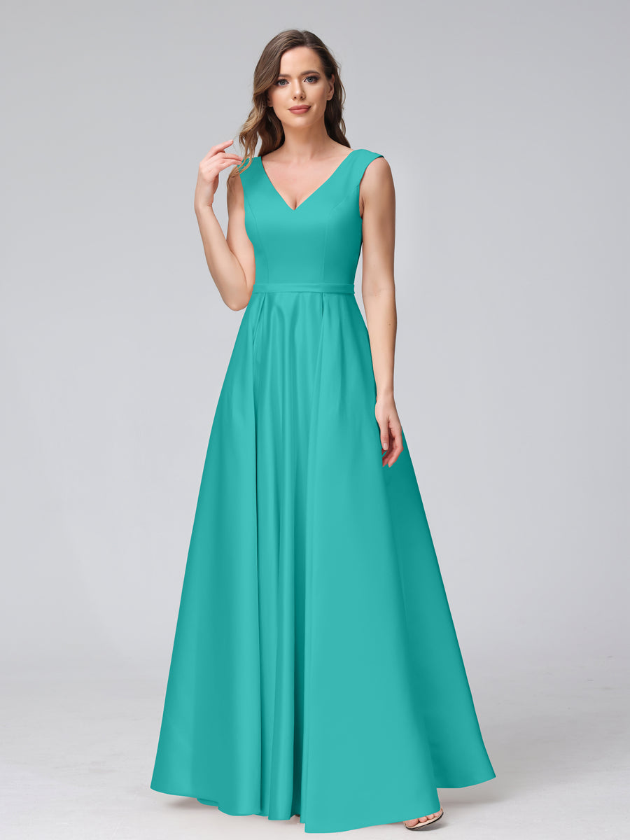 Vestidos de Dama de Honra de Cetim com Decote Em V Sem Mangas Até O Chão com Bolsos