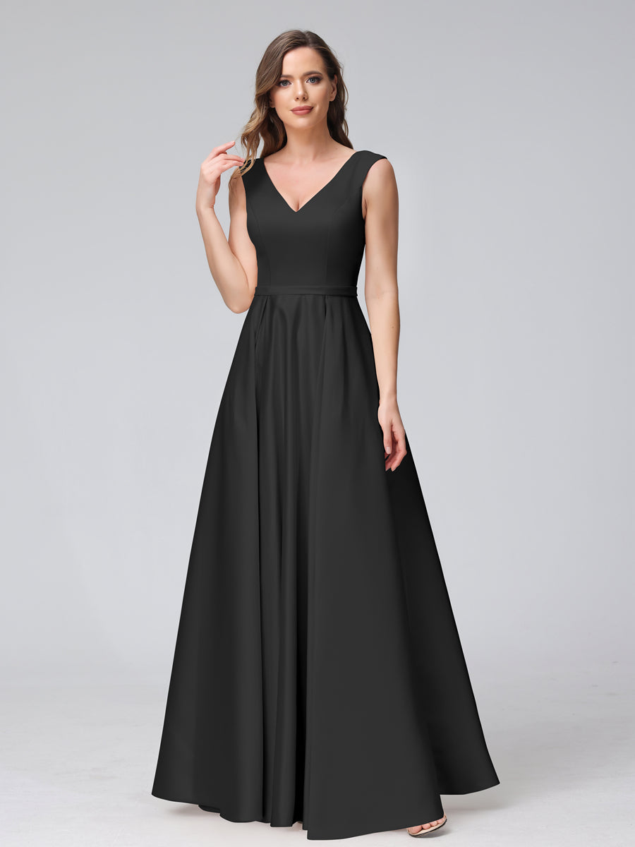 Vestidos de Dama de Honra de Cetim com Decote Em V Sem Mangas Até O Chão com Bolsos
