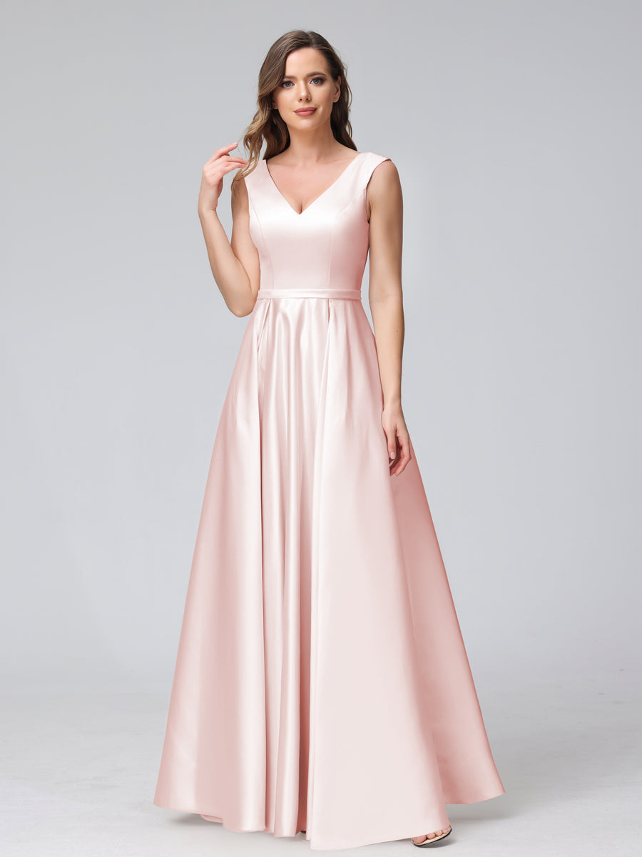 Vestidos de Dama de Honra de Cetim com Decote Em V Sem Mangas Até O Chão com Bolsos