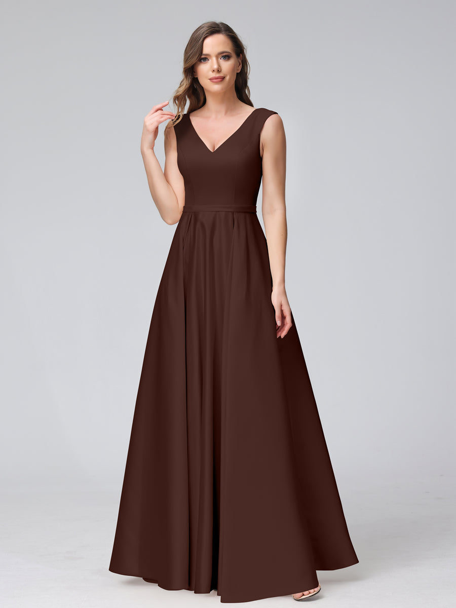 Vestidos de Dama de Honra de Cetim com Decote Em V Sem Mangas Até O Chão com Bolsos