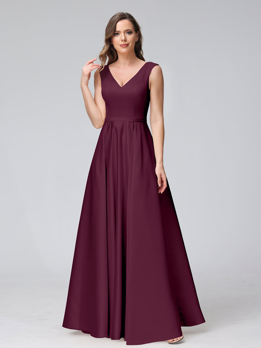 Vestidos de Dama de Honra de Cetim com Decote Em V Sem Mangas Até O Chão com Bolsos