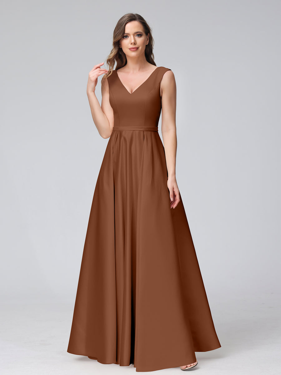 Vestidos de Dama de Honra de Cetim com Decote Em V Sem Mangas Até O Chão com Bolsos