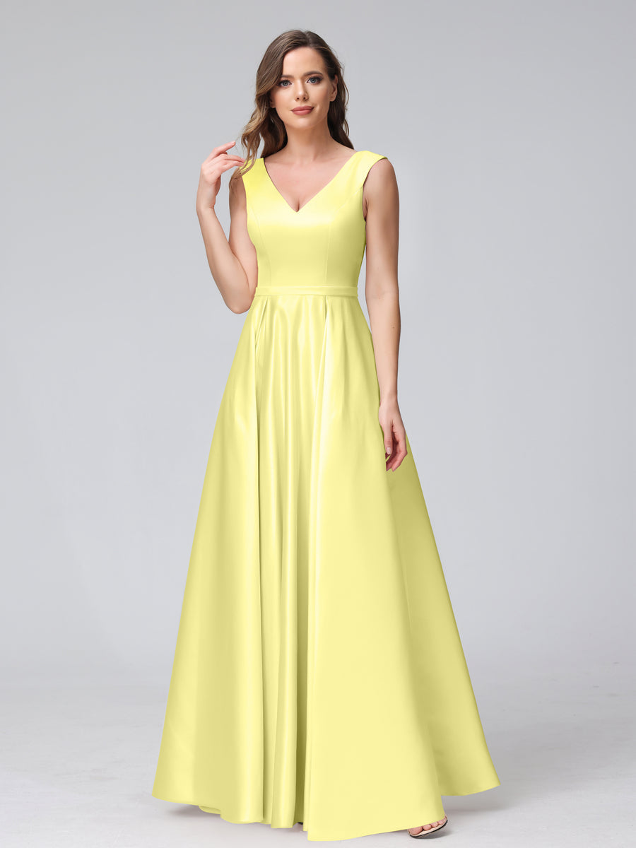 Vestidos de Dama de Honra de Cetim com Decote Em V Sem Mangas Até O Chão com Bolsos