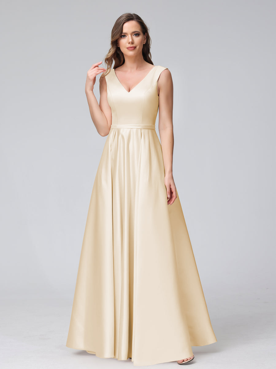 Vestidos de Dama de Honra de Cetim com Decote Em V Sem Mangas Até O Chão com Bolsos