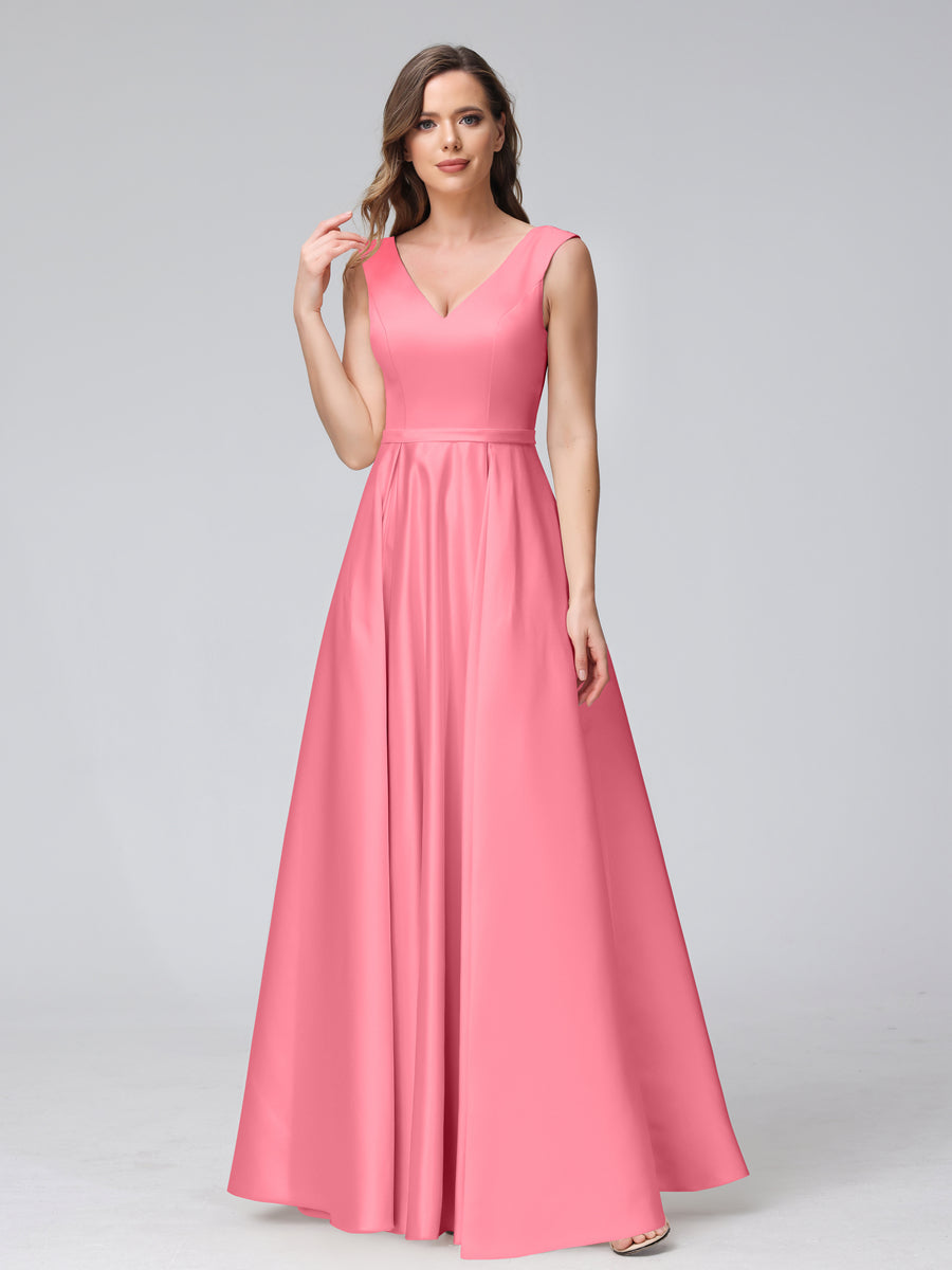 Vestidos de Dama de Honra de Cetim com Decote Em V Sem Mangas Até O Chão com Bolsos
