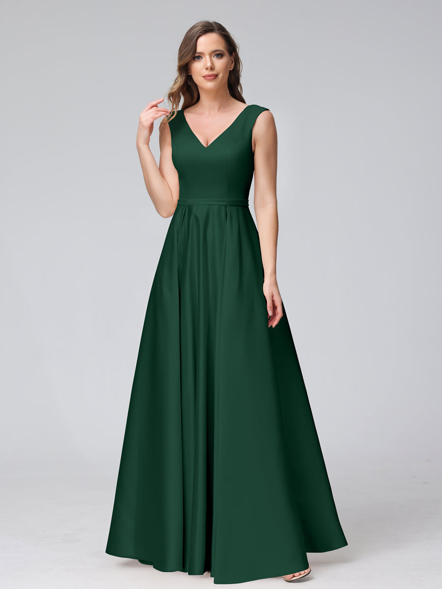 Vestidos de Dama de Honra de Cetim com Decote Em V Sem Mangas Até O Chão com Bolsos