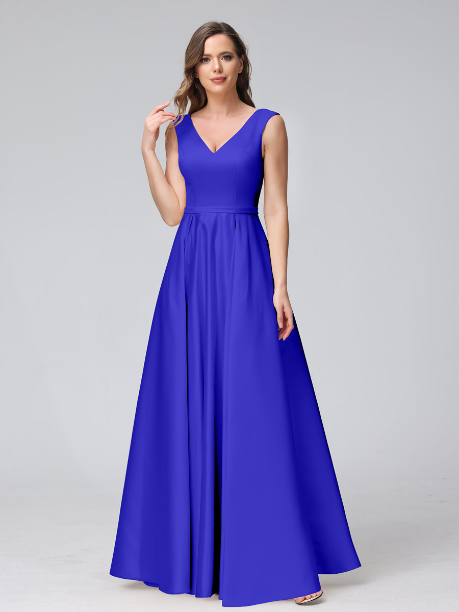 Vestidos de Dama de Honra de Cetim com Decote Em V Sem Mangas Até O Chão com Bolsos