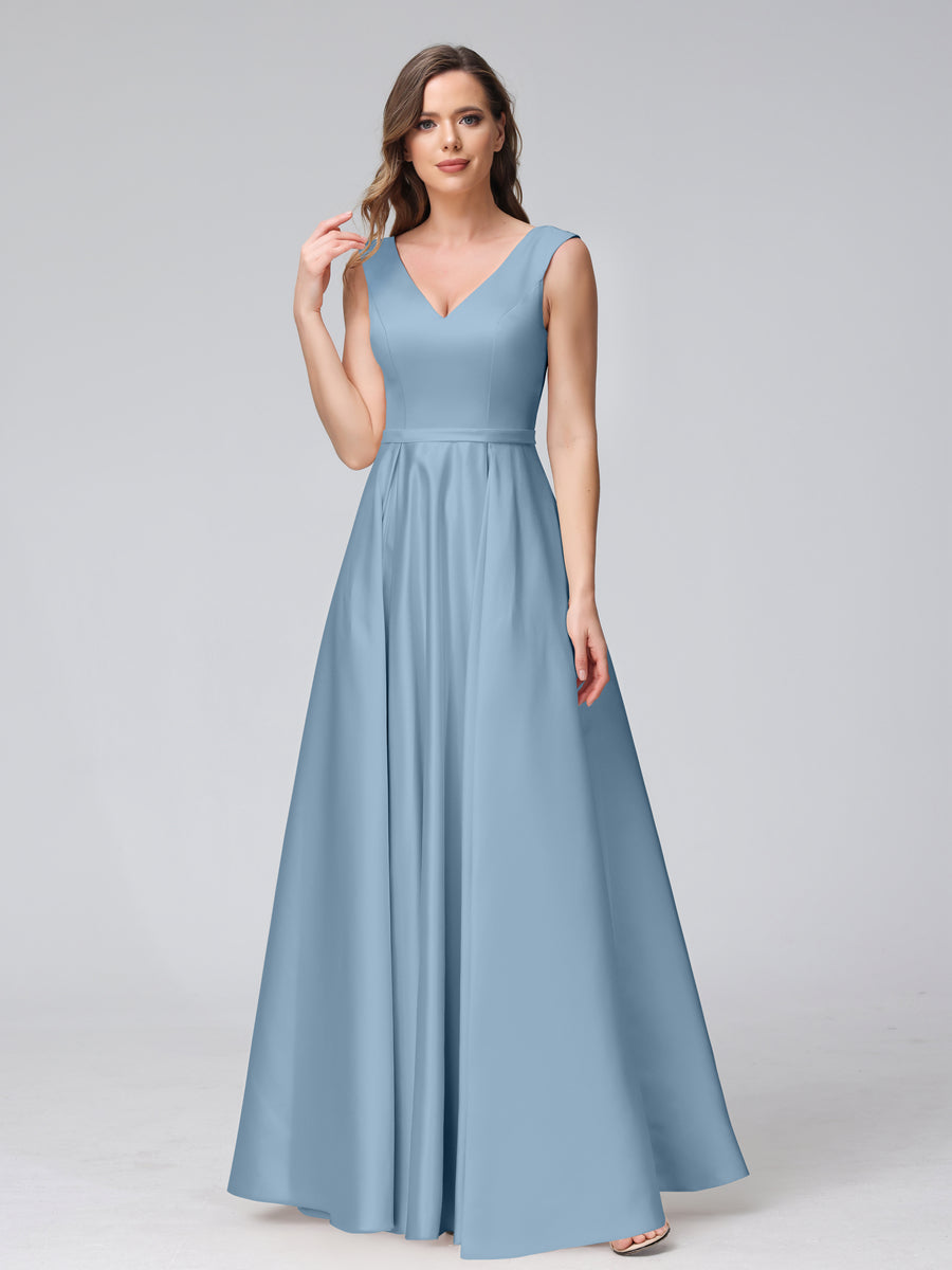 Vestidos de Dama de Honra de Cetim com Decote Em V Sem Mangas Até O Chão com Bolsos