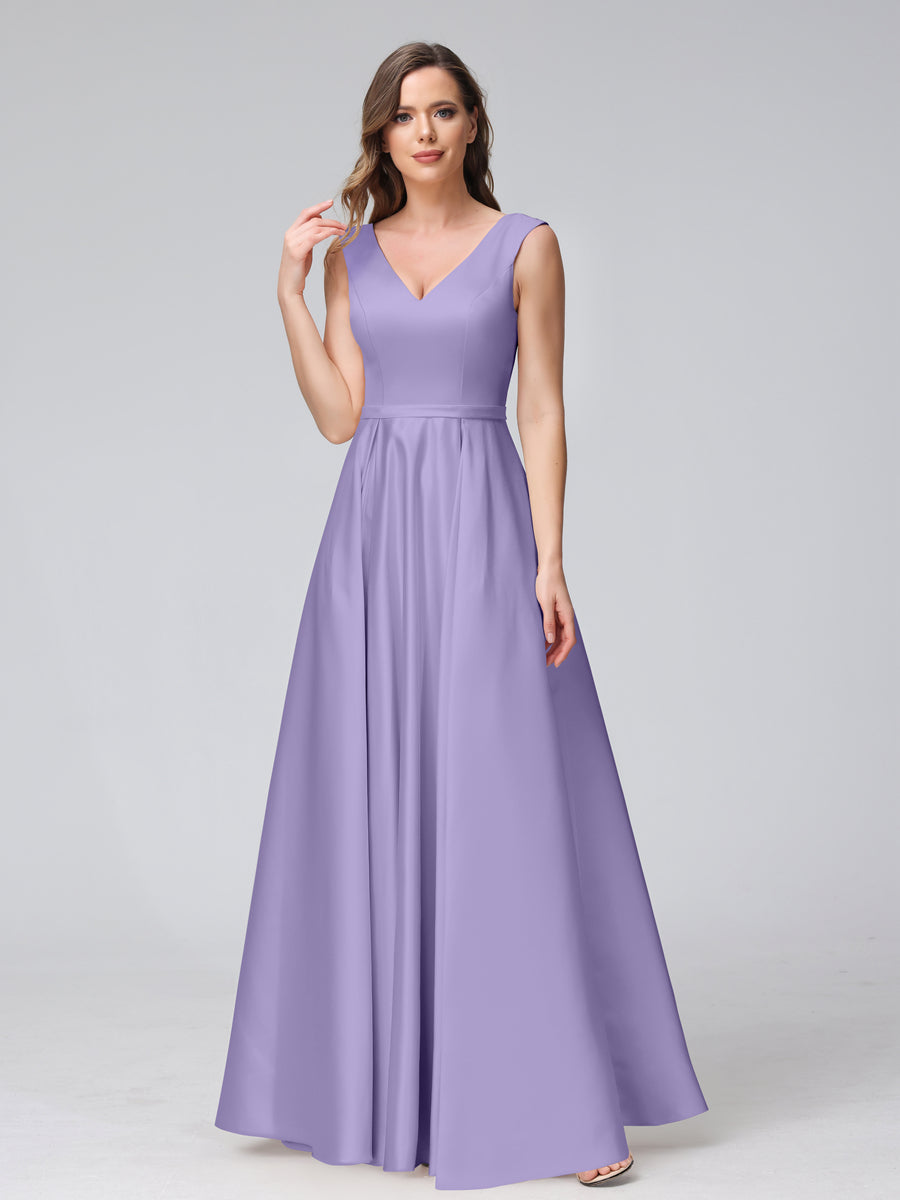 Vestidos de Dama de Honra de Cetim com Decote Em V Sem Mangas Até O Chão com Bolsos