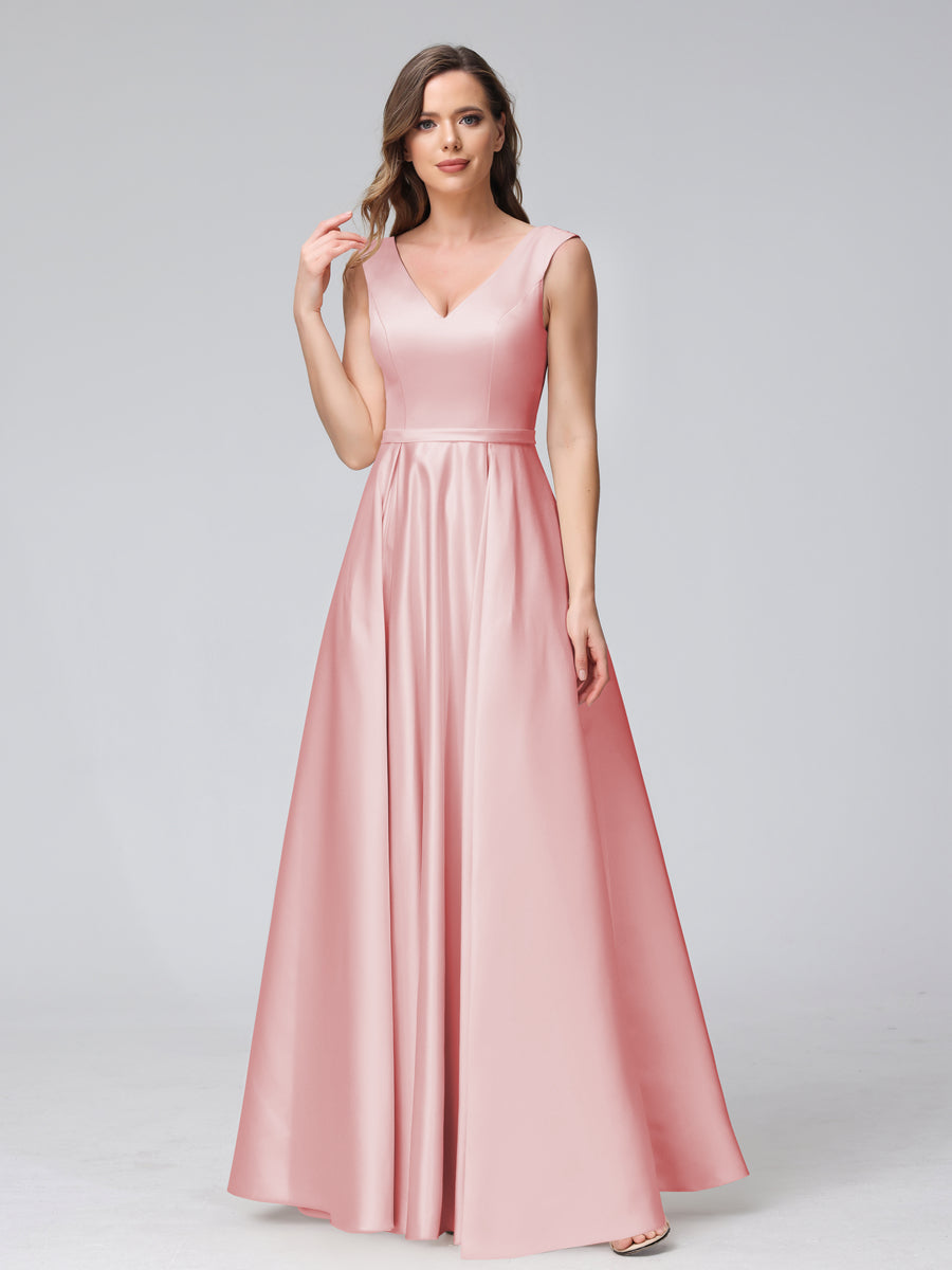 Vestidos de Dama de Honra de Cetim com Decote Em V Sem Mangas Até O Chão com Bolsos