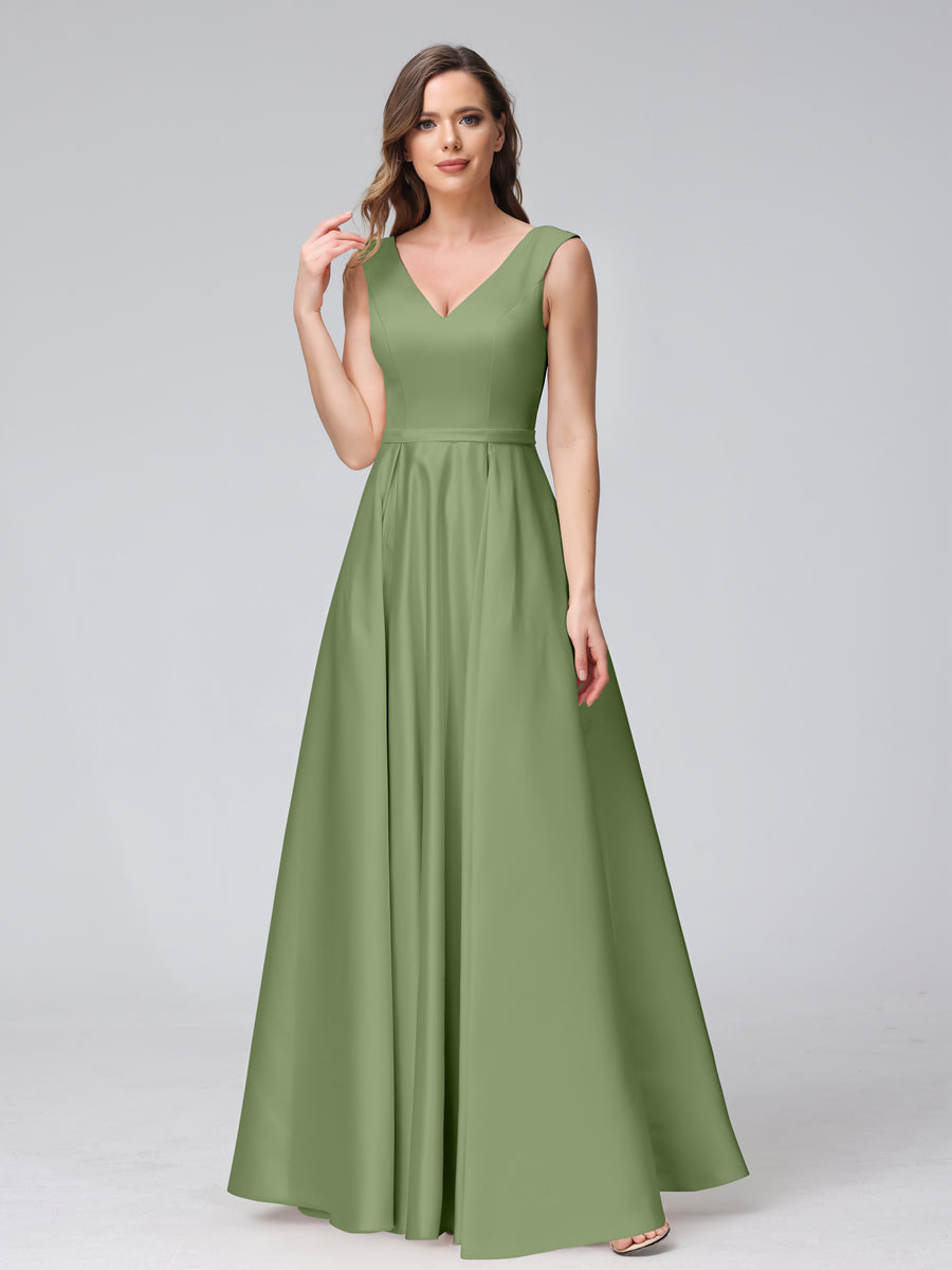 Vestidos de Dama de Honra de Cetim com Decote Em V Sem Mangas Até O Chão com Bolsos