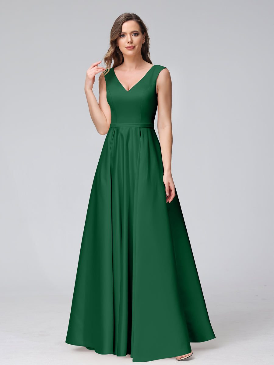 Vestidos de Dama de Honra de Cetim com Decote Em V Sem Mangas Até O Chão com Bolsos