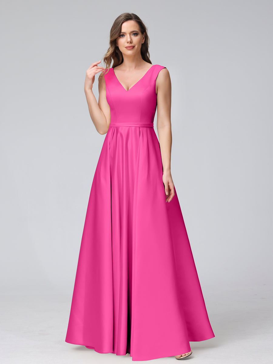 Vestidos de Dama de Honra de Cetim com Decote Em V Sem Mangas Até O Chão com Bolsos