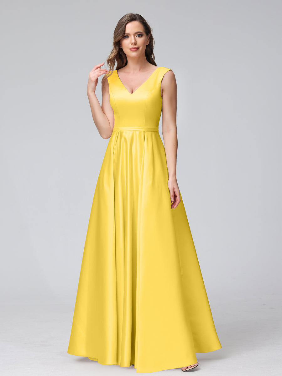 Vestidos de Dama de Honra de Cetim com Decote Em V Sem Mangas Até O Chão com Bolsos