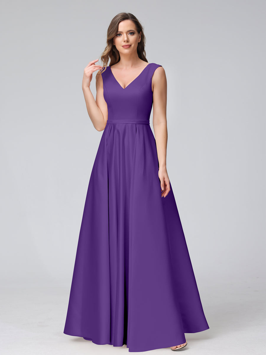 Vestidos de Dama de Honra de Cetim com Decote Em V Sem Mangas Até O Chão com Bolsos