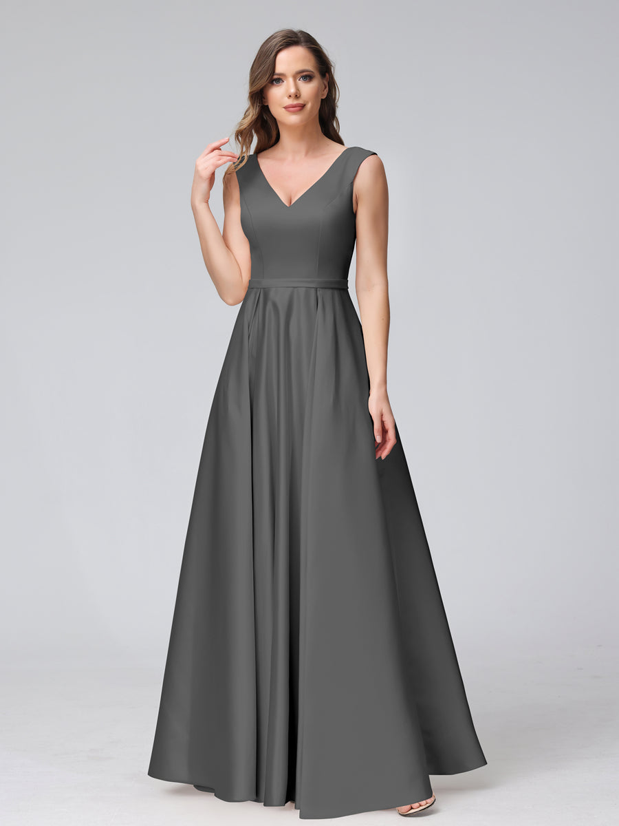 Vestidos de Dama de Honra de Cetim com Decote Em V Sem Mangas Até O Chão com Bolsos