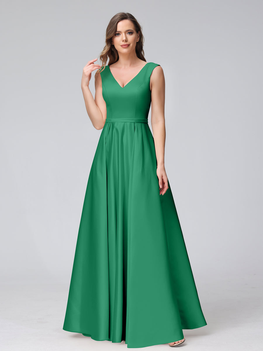 Vestidos de Dama de Honra de Cetim com Decote Em V Sem Mangas Até O Chão com Bolsos