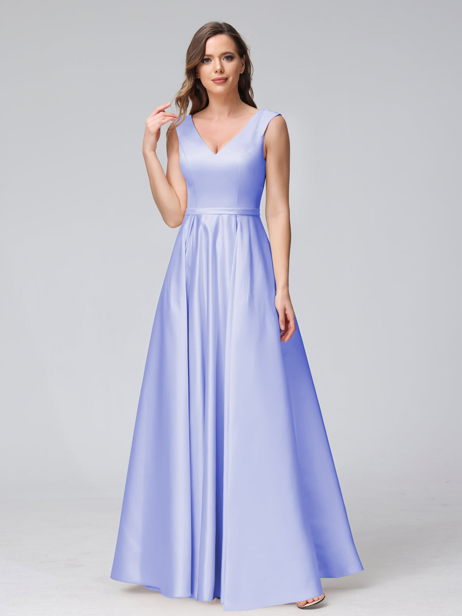 Vestidos de Dama de Honra de Cetim com Decote Em V Sem Mangas Até O Chão com Bolsos