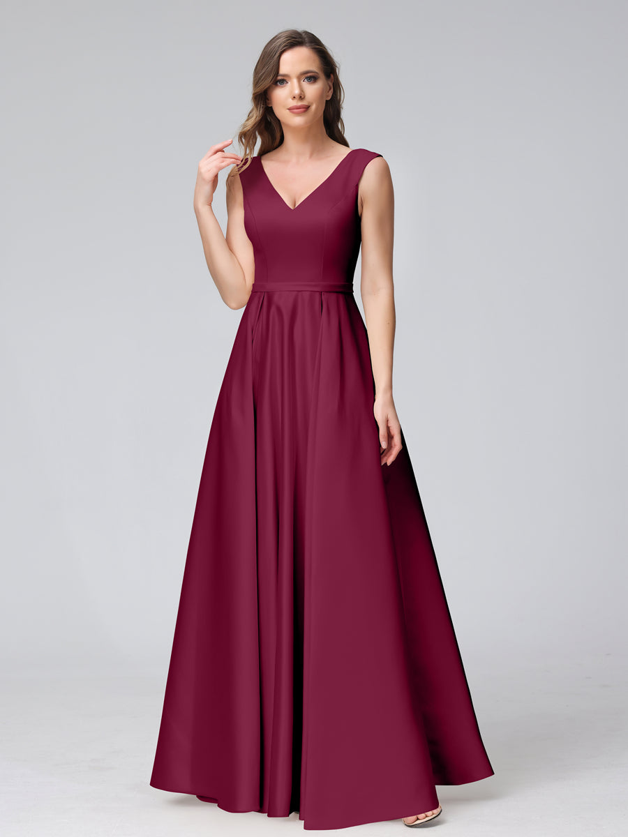 Vestidos de Dama de Honra de Cetim com Decote Em V Sem Mangas Até O Chão com Bolsos