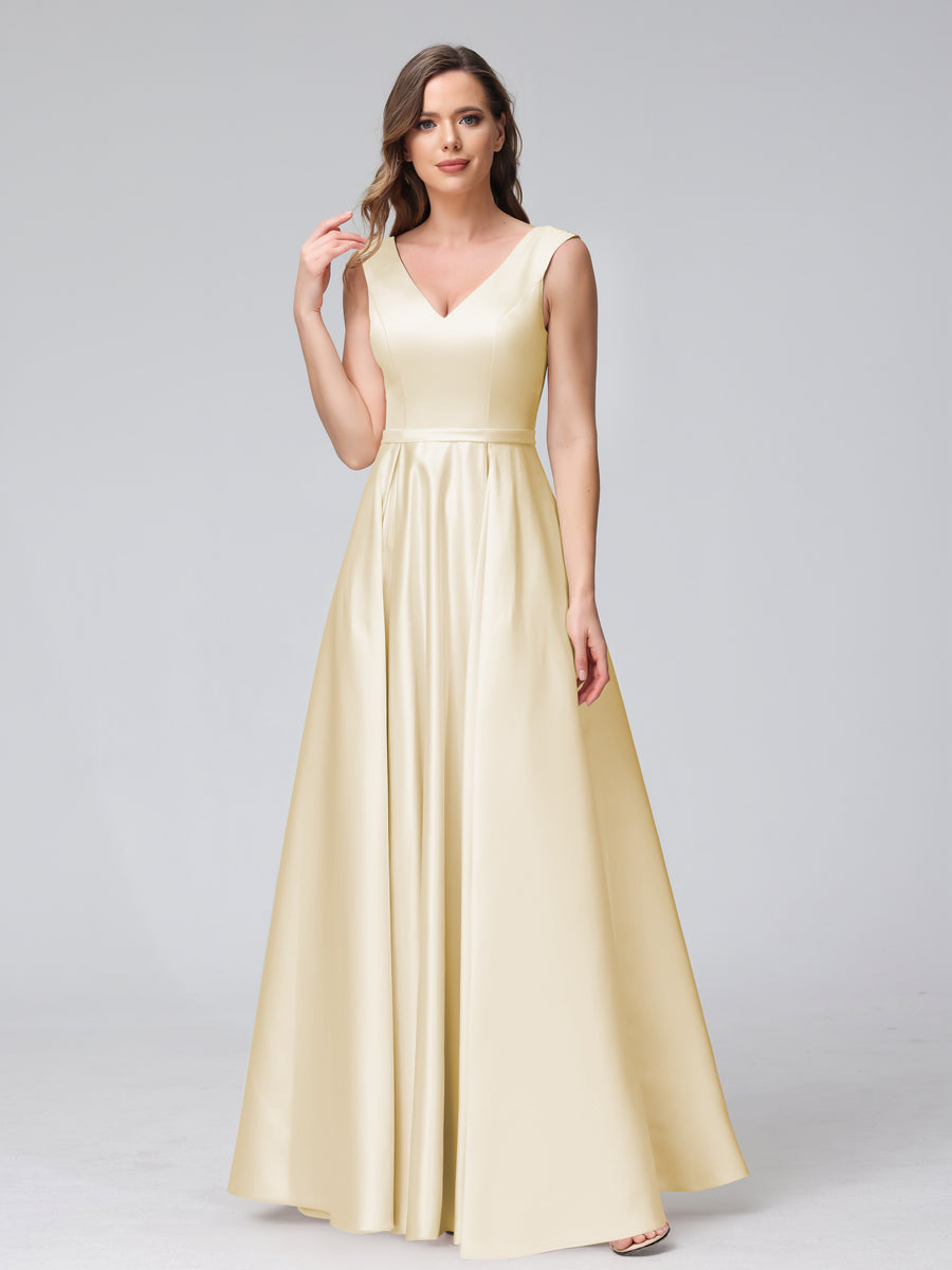 Vestidos de Dama de Honra de Cetim com Decote Em V Sem Mangas Até O Chão com Bolsos