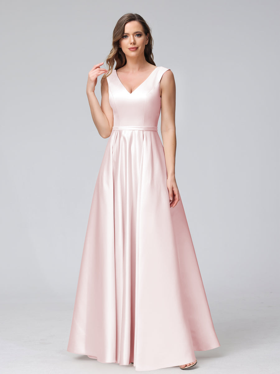 Vestidos de Dama de Honra de Cetim com Decote Em V Sem Mangas Até O Chão com Bolsos