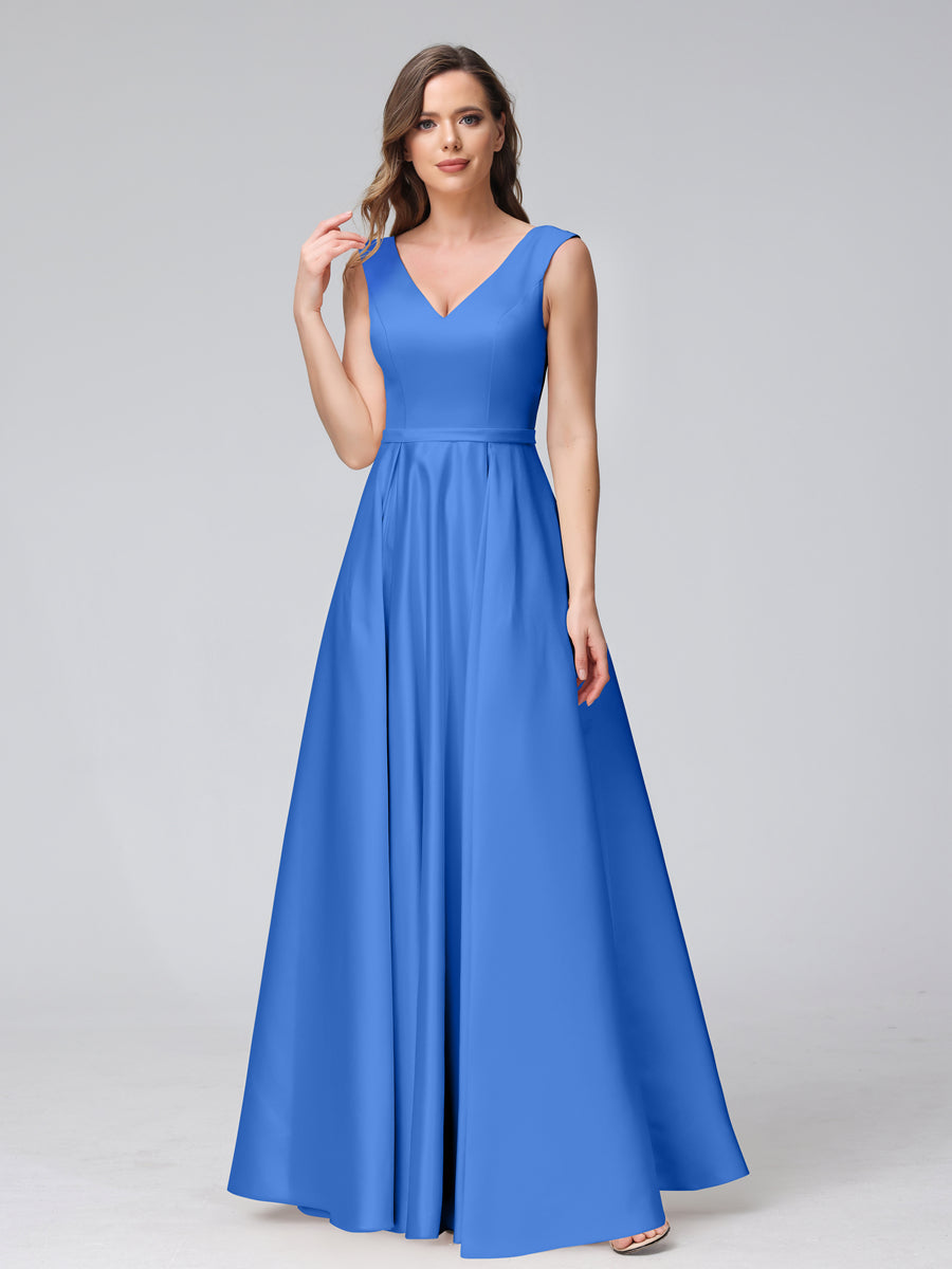Vestidos de Dama de Honra de Cetim com Decote Em V Sem Mangas Até O Chão com Bolsos