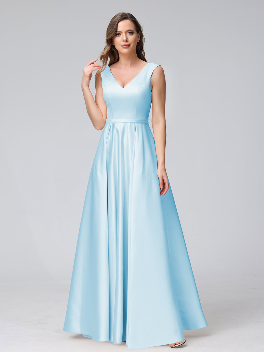 Vestidos de Dama de Honra de Cetim com Decote Em V Sem Mangas Até O Chão com Bolsos