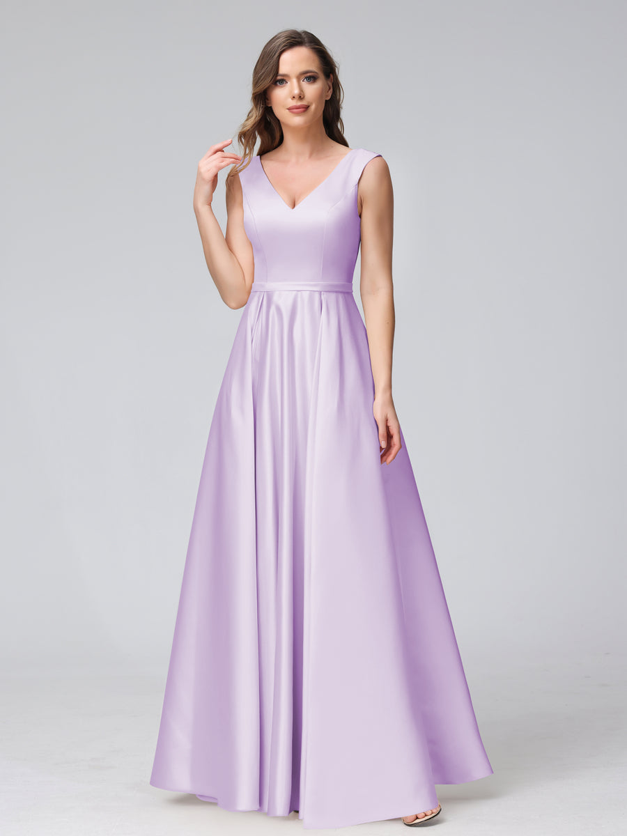 Vestidos de Dama de Honra de Cetim com Decote Em V Sem Mangas Até O Chão com Bolsos