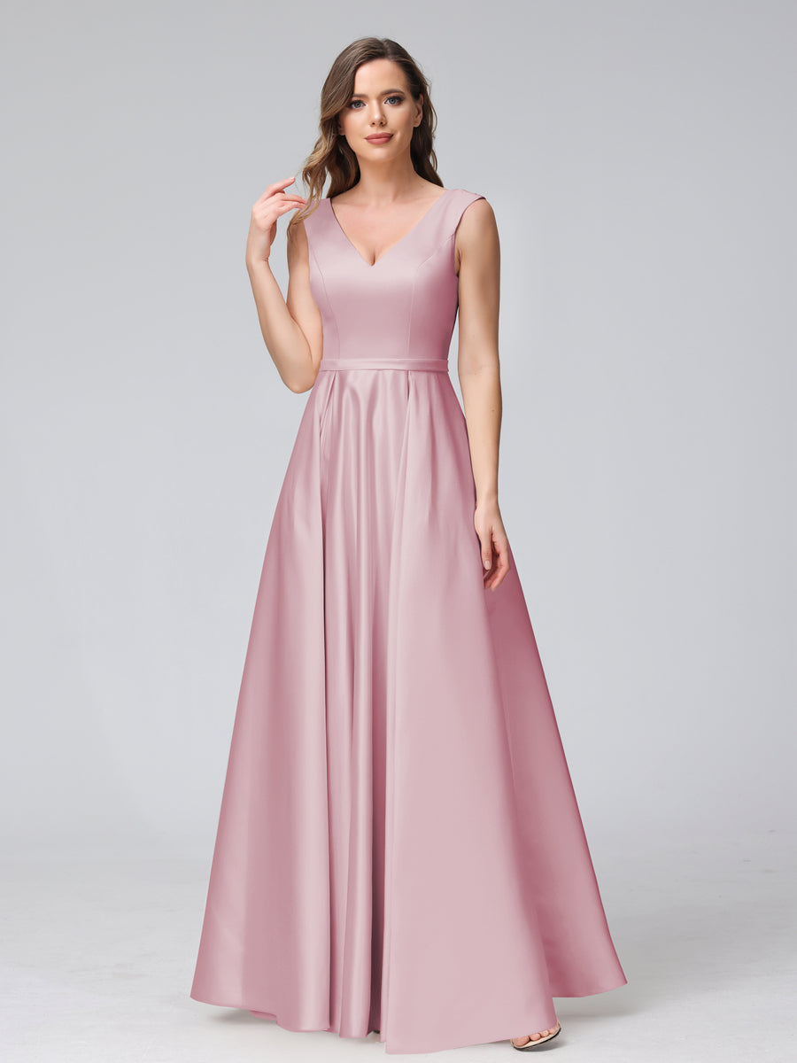 Vestidos de Dama de Honra de Cetim com Decote Em V Sem Mangas Até O Chão com Bolsos