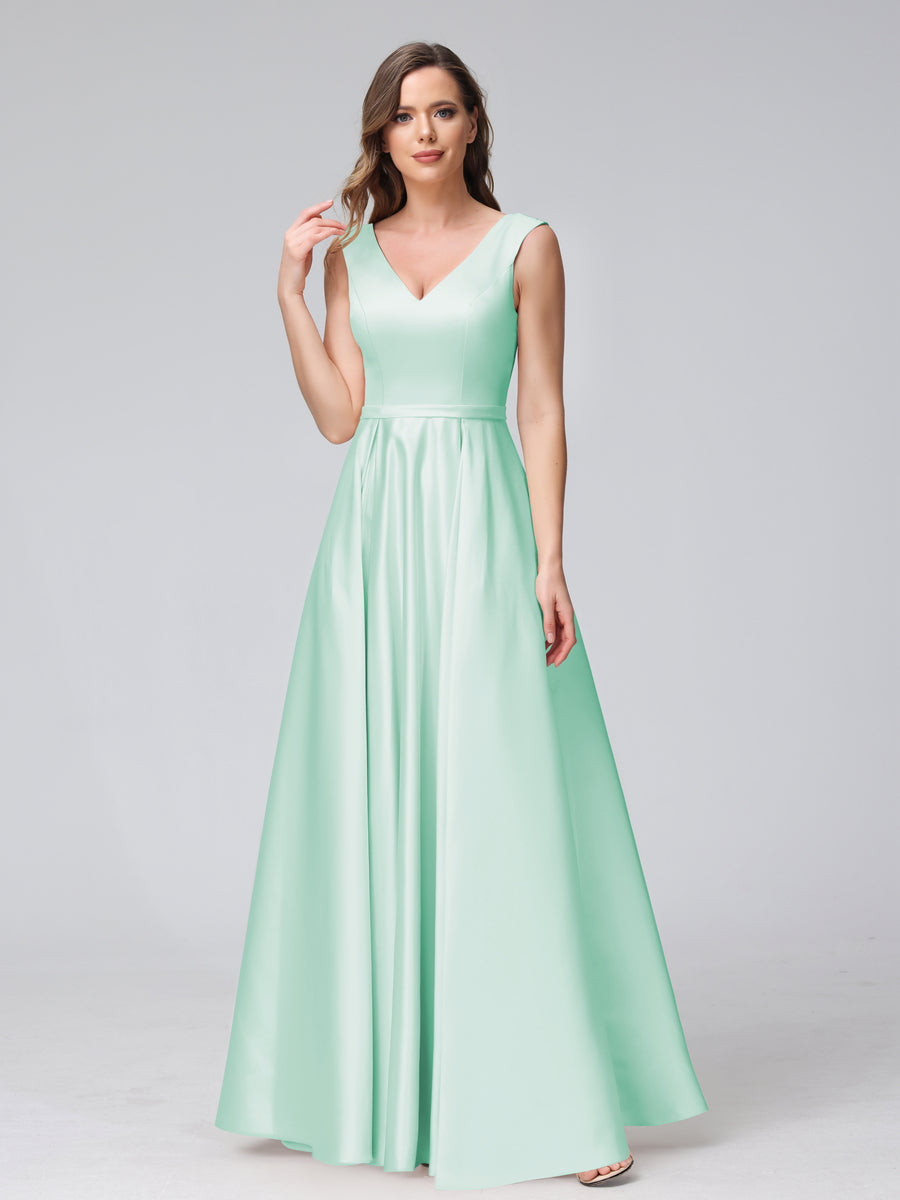 Vestidos de Dama de Honra de Cetim com Decote Em V Sem Mangas Até O Chão com Bolsos