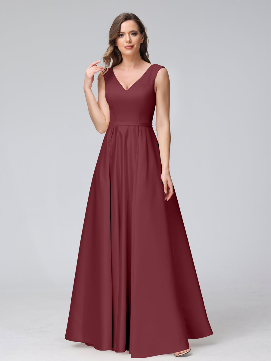 Vestidos de Dama de Honra de Cetim com Decote Em V Sem Mangas Até O Chão com Bolsos