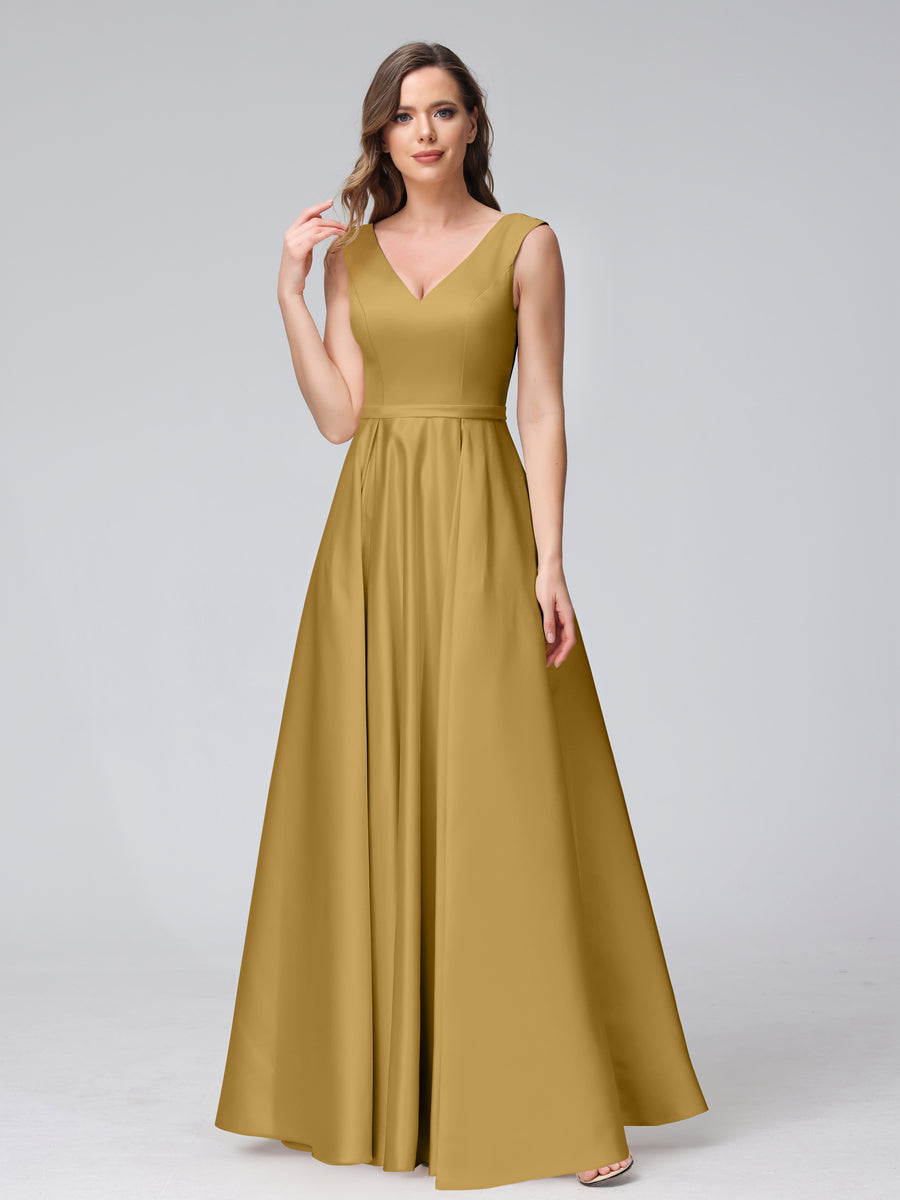 Vestidos de Dama de Honra de Cetim com Decote Em V Sem Mangas Até O Chão com Bolsos
