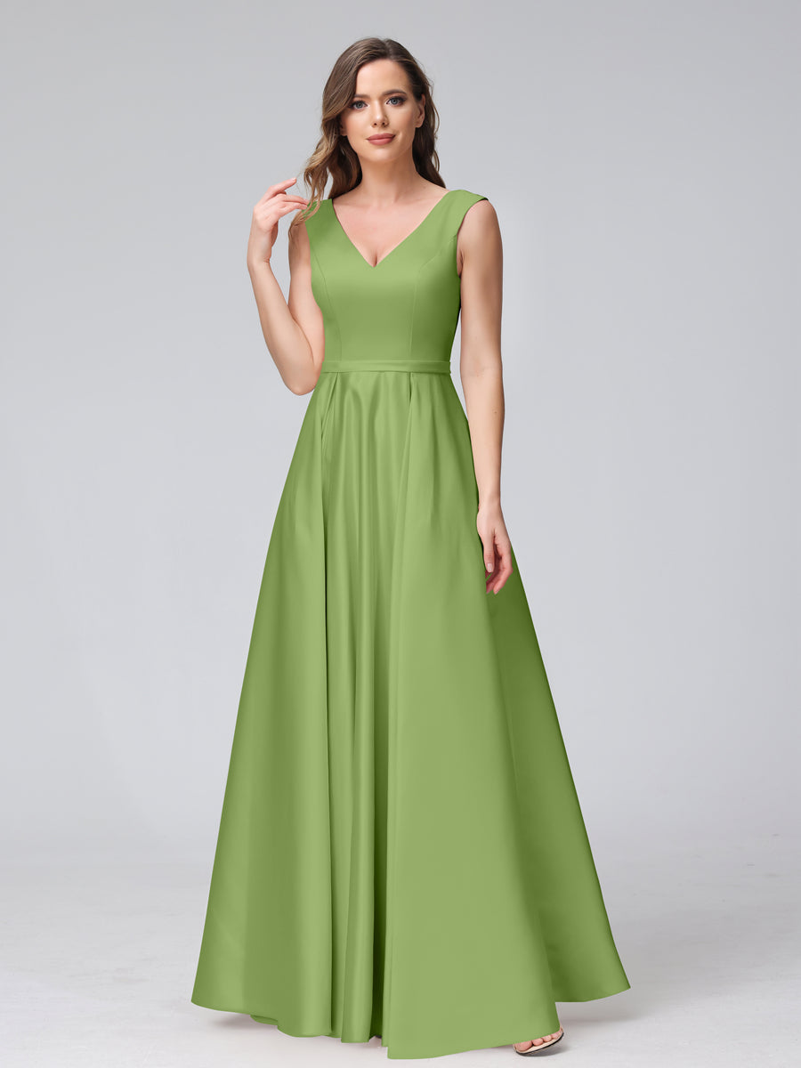 Vestidos de Dama de Honra de Cetim com Decote Em V Sem Mangas Até O Chão com Bolsos