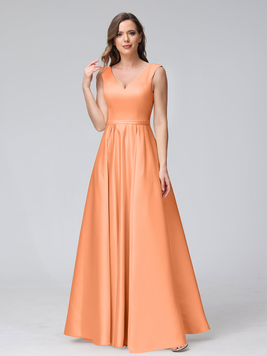 Vestidos de Dama de Honra de Cetim com Decote Em V Sem Mangas Até O Chão com Bolsos