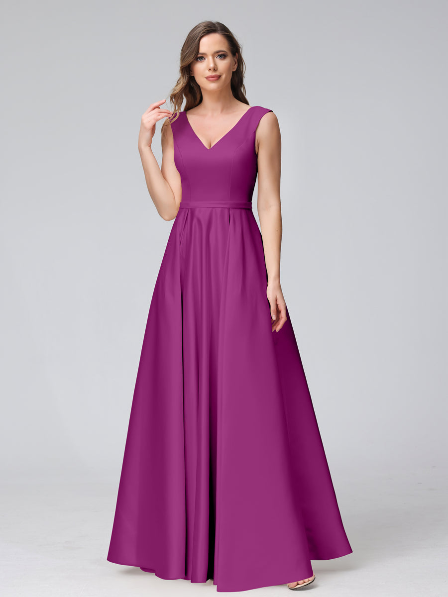Vestidos de Dama de Honra de Cetim com Decote Em V Sem Mangas Até O Chão com Bolsos