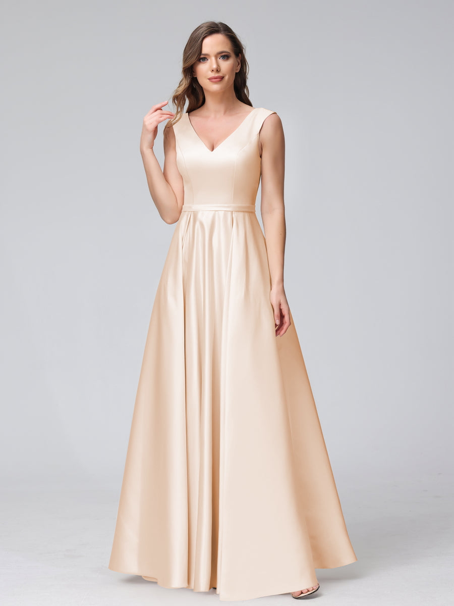 Vestidos de Dama de Honra de Cetim com Decote Em V Sem Mangas Até O Chão com Bolsos