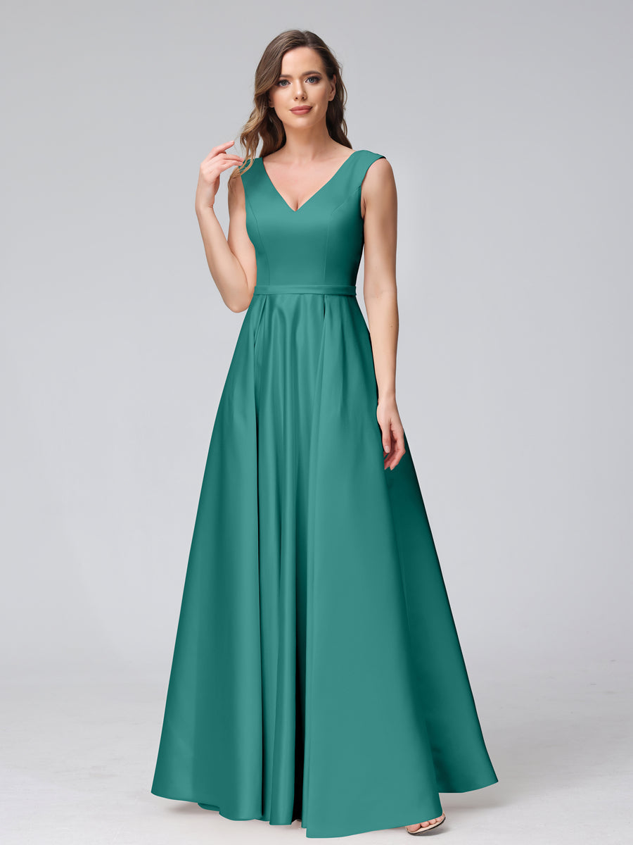 Vestidos de Dama de Honra de Cetim com Decote Em V Sem Mangas Até O Chão com Bolsos