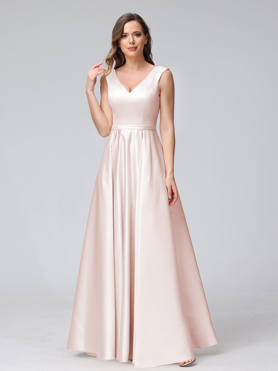 Vestidos de Dama de Honra de Cetim com Decote Em V Sem Mangas Até O Chão com Bolsos