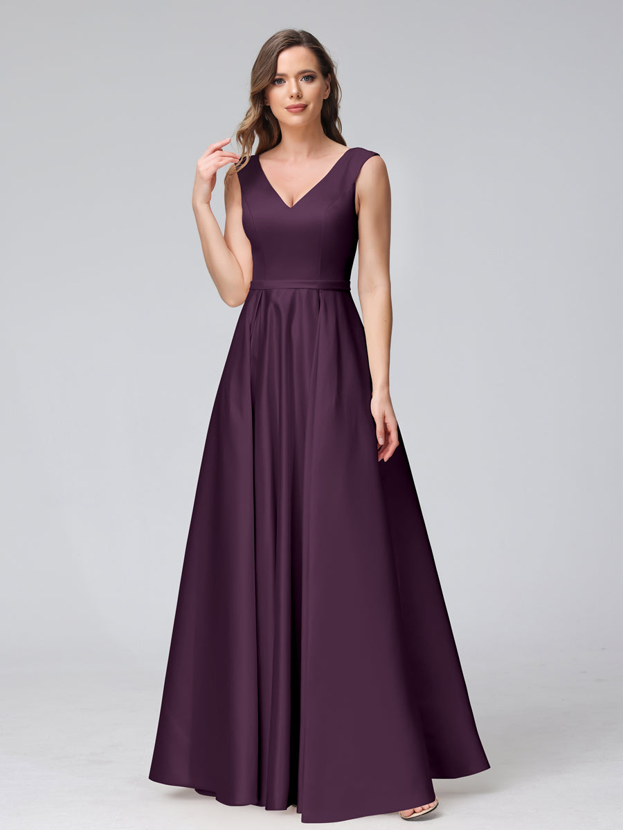Vestidos de Dama de Honra de Cetim com Decote Em V Sem Mangas Até O Chão com Bolsos