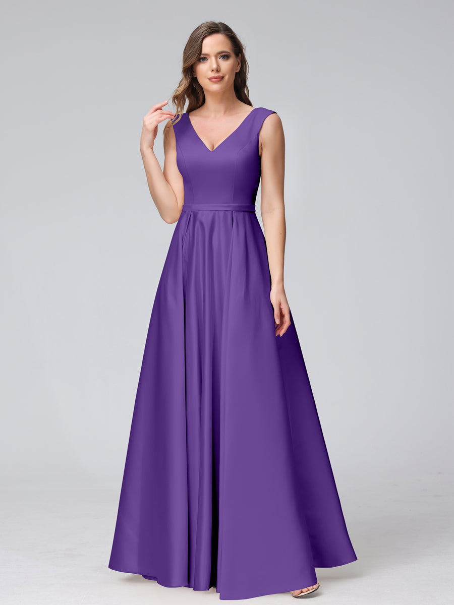 Vestidos de Dama de Honra de Cetim com Decote Em V Sem Mangas Até O Chão com Bolsos