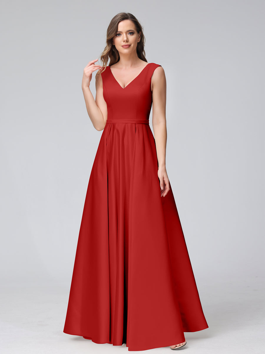 Vestidos de Dama de Honra de Cetim com Decote Em V Sem Mangas Até O Chão com Bolsos