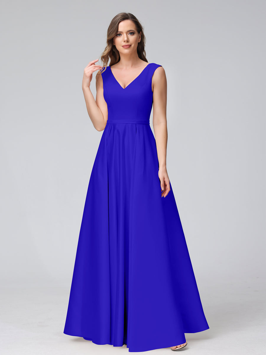 Vestidos de Dama de Honra de Cetim com Decote Em V Sem Mangas Até O Chão com Bolsos